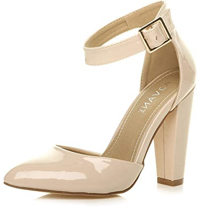 Womens Ladies high Block Heel Ankle Strap Pointed Court Shoes, Nude Patent, 4 UK