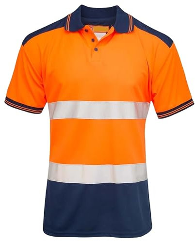shelikes Mens Hi Vis VIZ Visibility Polo Contrast 2 Two Tone Workwear Tshirt Tee Top [Orange CPK XL]