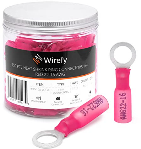 Wirefy Rote Ringkabelschuhe Schrumpfverbinder M6 - Lötfreie Kabelschuhe Sortiment - Ringkabelschuh Quetschverbinder 0,5-1,5 mm² - 150 Stück