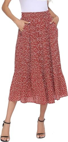 Parabler Damen Hohe Taille Röcke Retro Maxirock Polka Dot Rock Lang Herbst und Winter Elegant Faltenrock mit Tasche Rot-1 S
