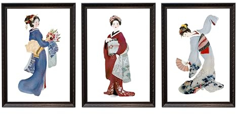 Din A4 Kunstdruck 3-teilig ungerahmt - Geishas Kimonos Geisha Blume Japan Asien Aquarell Rot Blau Druck Poster Bild