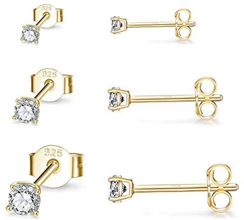 Gulicx 3 Pairs Silver 14K Gold Stud Earrings Set for Women Girls, Hypoallergenic 925 Stering Silver Round Cubic Zirconia Simulated Diamond Stud Earrings, Small Sleeper Cartilage Studs,Size:2,3,4mm
