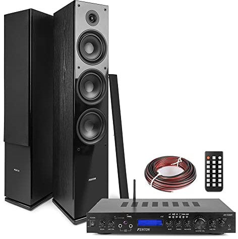 Fenton SHF80B Floor Standing HiFi Speaker System with AV-150BT Bluetooth Amplifier, 500W 3-Way Tower Speakers, Home Theatre Stereo Set, MP3, USB, Remote Control Included - Black