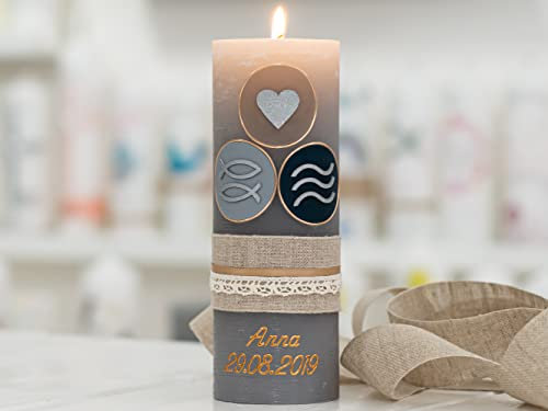 meinkerzenshop Taufkerze Rustik Anna Junge oder Mädchen mit Name und Datum, individuell, persönlich u. handgemacht 17384