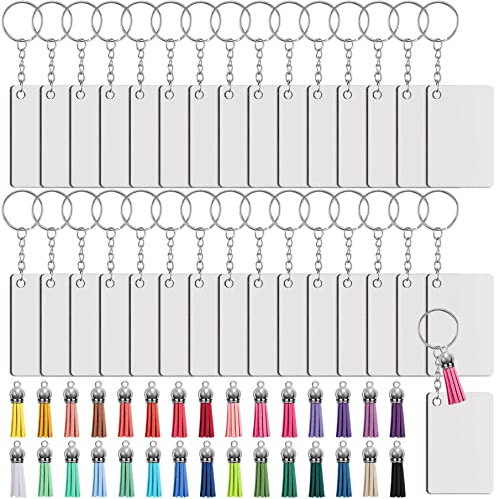 Duufin 120 Pièces Porte-clés Vierges à Sublimation de Transfert de Chaleur Rectangle avec Glands et Porte-clés, Panneau Vierge en MDF Imprimé Double Face, pour Porte-clés et Artisanat Bricolage