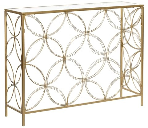 Deco 79 Konsolentisch aus Metall mit geometrischem, offenem Vierpassrahmen und Glasplatte, 42 x 12 x 32, Gold
