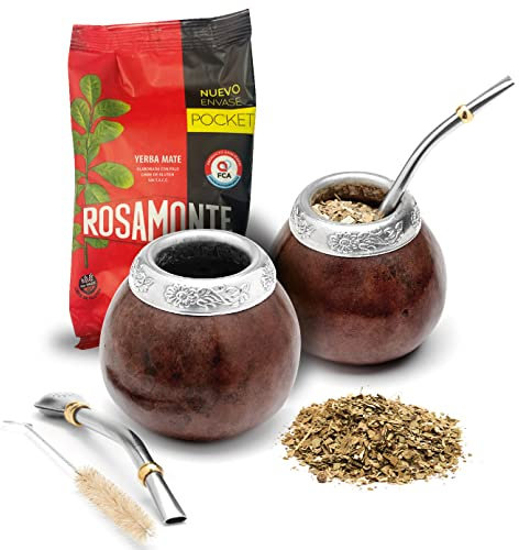 Balibetov Juego de 2 Mate de Calabaza y 1 Pack de 100gr de Yerba Mate – Mate Argentino – 2 Mate, 2 Bombillas, 1 Cepillo de Limpieza, 1 Bolsa Yerba Mate (Marron Oscuro)