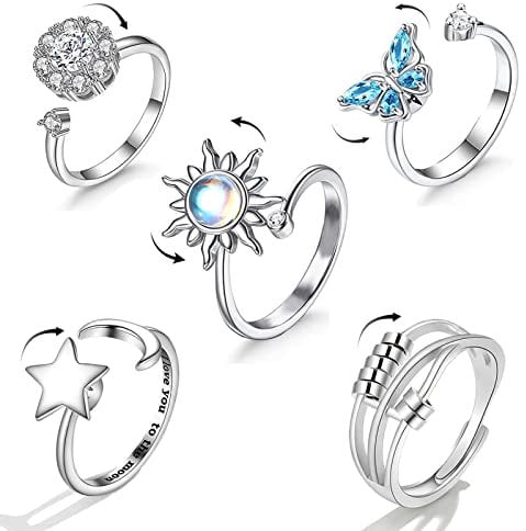 Hifot 5pcs Anxiety Ring Spinner Ringe Damen Silber Fidget Ring Set, Verstellbar Anti Stress Ring Mit Kristall Sterne und Mond Sonne Schmetterling für MäDchen Herren Geburtstags-Party-Geschenke
