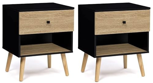 IDMarket - Lot de 2 Tables de Chevet Emmie scandinaves 1 tiroir avec Niche Noir et hêtre