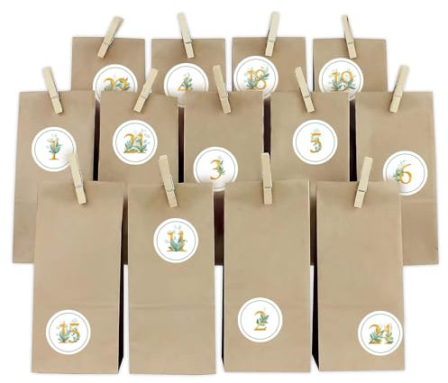 Yabaduu DIY Adventskalender Zahlen mit Papiertüten zum Aufkleben Nummern 1-24 Selbstklebende Sticker für Weihnachten Bastelset zum Befüllen Y067 (23 Goldene Zahlen rund)