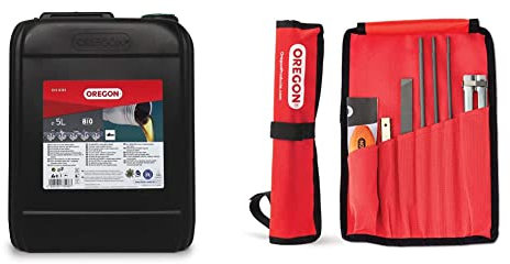 Oregon Olio Biologico per la Catena della Motosega, Lubrificante e Biodegradabile, Tanica da 5 L & Kit Di Affilatura Universale Per Motosega, Include Lime Tonde Da 5/32 Pollici, Rosso Nero