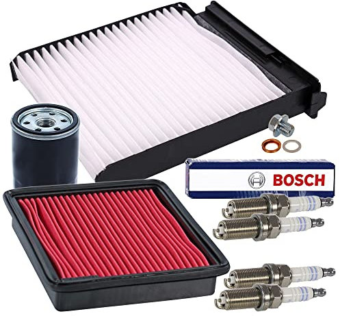 BESTPRICE Inspektionspaket Filterset mit 1x Luftfilter, 1x Innenraumfilter, 4x Zündkerze Super FR8ME, 1x Ölablassschraube mit Dichtung Kompatibel mit NISSAN MICRA (K12), NOTE (E11, NE11)