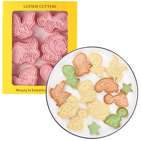 Juego de 6 moldes de galletas de dinosaurio de dibujos animados para galletas, juego de sellos de galletas, herramientas de cocina, prensa de galletas de dinosaurio de plástico (Dino 0209B)