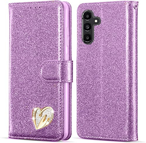 KP TECHNOLOGY Case for Samsung Galaxy A14, Premium Shiny Bling Glitter Loving Heart Book Flip Stand Wallet Card Phone Case for Samsung Galaxy A14 5G (PURPLE)