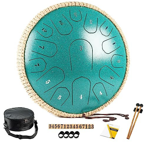 HOPWELL Steel Tongue Drum - 13 Zoll 15 Noten Tongue Drum - Hand Pan Drum mit Notenbuch, Handpan Drums Schlägel und Tragetasche, D-Dur (Malachitgrün)