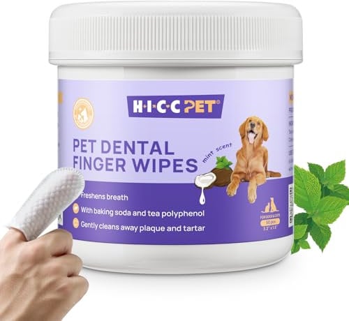 HICC PET Teeth Cleaning Wipes for Dogs & Cats, Remove Bad Breath by Removing Plaque and Tartar Buildup No-Rinse Dog Finger Toothbrush, Disposable Gentle Cleaning & Gum Care Pet Wipes