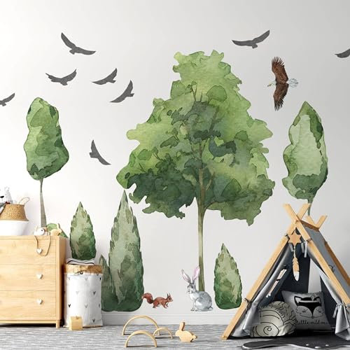 Große Bäume Wandtattoo Wald Wandaufkleber Tiere XXL Wandtattoo Laubbäume Aufkleber fürs Kinderzimmer
