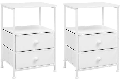 EUGAD 2er Set Nachttische mit 2 Schubladen und 1 Ablagen, 40x60x30 cm, Nachtkommode Nachtschrank Beistelltisch Couchtisch Sofatisch, aus Vliesstoff, Metall, Holz, Weiß, 0009CTG-2