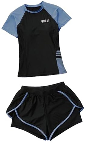 Baoblaze Women's Swimsuit Swimming Top and Shorts Short Sleeve Tankini Tops Beachwear Wetsuit for Swimming Pool Beach Party, Blue Black, L