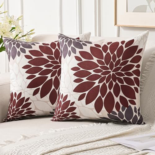 Jayusaror Kissenbezug 40x40 cm Rot und Grau Dahlien Sommer Sofakissen Herbst Deko Kissen Bezug Blumen Outdoor Kissenhülle für Couch Sofa Wohnzimmer Kissenbezüge, 2er Set