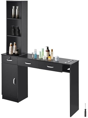 VEVOR Salonstation, Wandmontage, Friseursalonstation für Friseure, Beauty-Spa-Möbelset, 1 Lagerschrank, 3 offene Fächer und 3 Schubladen (eine abschließbar), schwarz, 129 x 33 x 177 cm