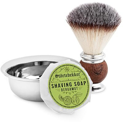 Störtebekker® Premium Blaireau de Rasage Set avec bol à raser en acier inoxydable & savon à raser Bergamote [incl. guide de rasage et de barbe E-Book] - Idée de cadeau - Complément parfait au rasoir