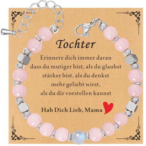 HAYOUWAY Mondstein Armband Damen Mädchen Amazonit Perlenarmband 6mm Edelstein Armband, Geschenke für Frauen Mädchen Mutter Tochter Armband Geschenke Armbänder (Tochter Geschenk, Rosenquarz)