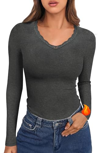 Crewhpo Womens Thermal Tops Long Sleeve Thermal Vest Lace V Neck Base Layer Lightweight Thermal Underwear Shirt Slim Fit Dark Grey