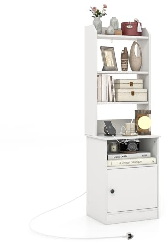 Multigot Bedside Table with Charging Station, 140cm Tall Wooden Nightstand Storage Unit with Cabinet and Adjustable Shelves, Modern Sofa Side End Table for Bedroom Living Room (White)