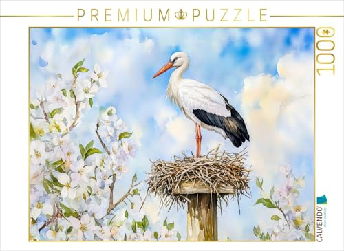 Puzzle · Weißstorch auf dem Horst im Frühling Aquarellmalerei | Weißstorch thront auf seinem Nest im Frühling, umgeben von blühender… · 1000 Teile · Lege-Größe 64 × 48 cm · CALVENDO Puzzle