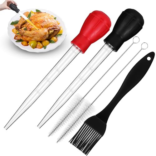 Boao 5 Pieces Nylon Heat-Resistant Turkey Baster Cooking Set Includes Meat Baster, 1 Silicone Basting Brush and 2 Cleaning Brush for BBQ Grill Baking Kitchen Cooking (Black, Red)