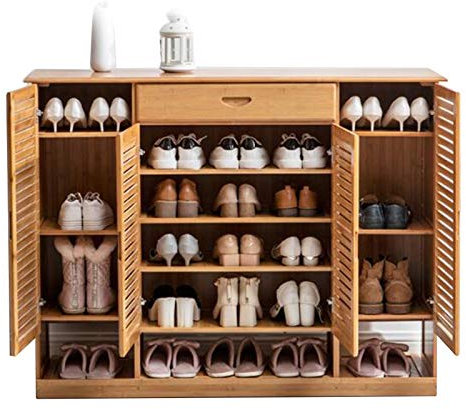 Extra großer Bambus-Schuh-Organizer mit Schubladen, japanischer Stil, 4-türiger Schrank für Wohnzimmer, Eingangsbereich, hält bis zu 32 Paar