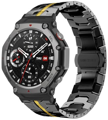 HinZann Metal Bracelet Compatible avec Amazfit T-Rex 3 Smartwatch, Métal Acier Inoxydable, Hommes Femmes Réglable Remplacement Bracelet pour Amazfit T-Rex 3 - Noir Or