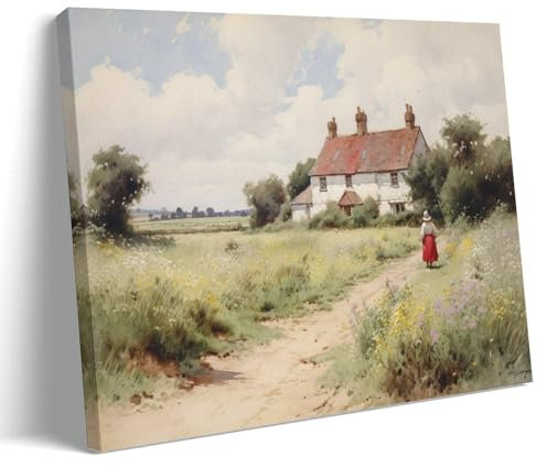 Peinture classique de campagne sur toile Art mural avec fleurs sauvages Paysage naturel d'herbe de ferme tendu et encadré Impressions sur toile Œuvres d'art pour décorations d'intérieur Prêt à
