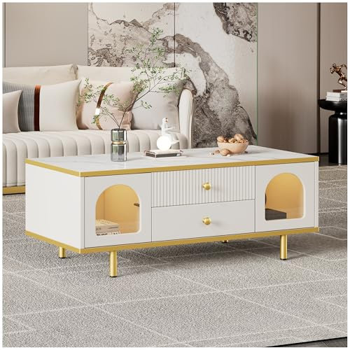 NUMNBE TV Schrank Weiß Gold mit LED Beleuchtung – Moderner Fernsehtisch 100x42x12 cm mit Schubladen, Rundbögen, 16 Farben & Blitzmodi, Stauraum Sideboard für Wohnzimmer oder Schlafzimmer