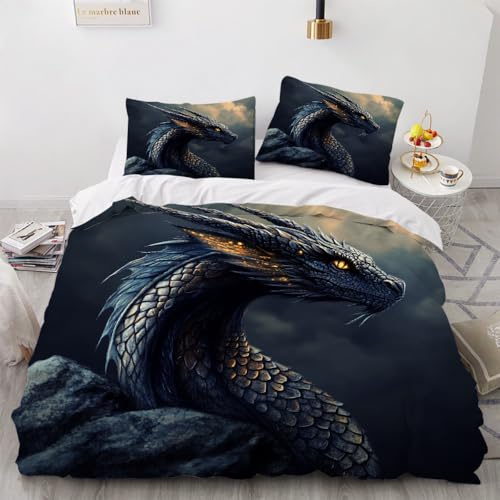 SK-YBB Bettwäsche 155x220 Drachen Bettwäsche-Set 3Teilig Bettbezug Set 155x220 mit Reißverschluss Tier Teenager Jungen Mädchen Mikrofaser Bedding Set