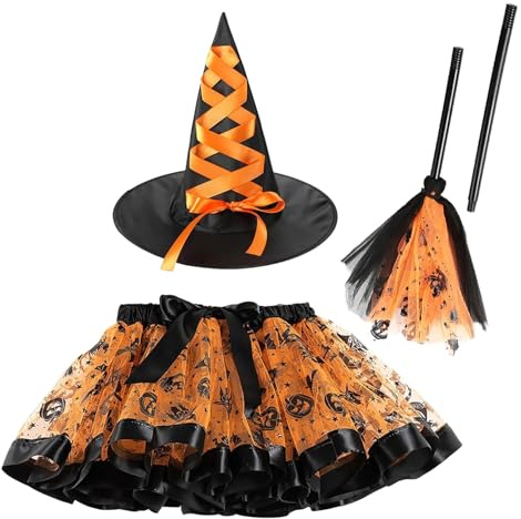 GLEEMEN Disfraz de bruja para niña, disfraz de 3 piezas, para niñas, carnaval, Halloween, niños, con escoba de bruja y estilo, para cosplay (A)