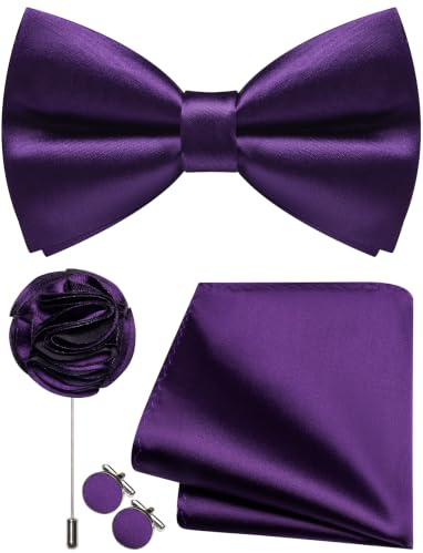 Ailisus Herren-Fliege und Einstecktuch, Manschettenknöpfe, Anstecknadel-Set, Seide, vorgebundene Fliege, verstellbar, Hochzeit, Party, Business, violett, Einheitsgröße