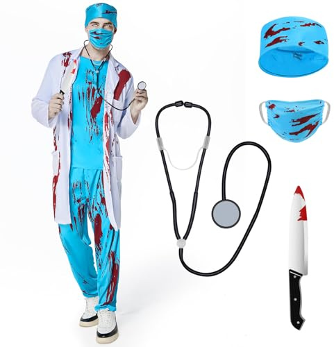Ulikey Zombie Arzt Kostüm Herren, Horror Chirurg Kostüm Herren Halloween Doktor Kostüm Set mit Arztkittel, Doktorhut, Arztmaske, Oberteil, Hose und Stethoskop für Halloween Karneval