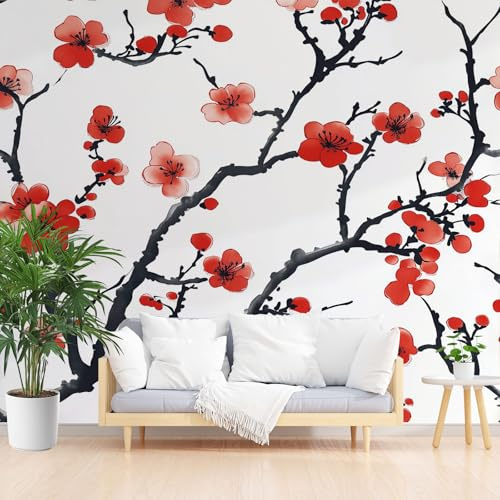 Générique Papier Peint Panoramique Art Oriental Fleur de Prunier 390x260cm(L x H) Papier Peint Intissé Décoration Murale Moderne – Tapisserie Décorative pour Chambre Salon - Plantes et Fleurs Peintes