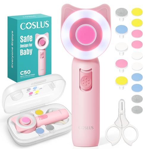 COSLUS C50 Baby Nagelfeile elektrisch mit 360° LED-Licht 16-in-1 | Baby Nagelfeile 16-in-1 Nagelpflegeset für schlafende Neugeborene Baby Maniküre und Pediküre, für zu Hause und Reisen, Rosa