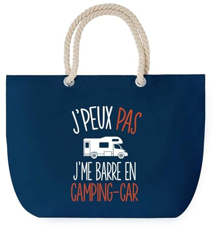 Sac de Plage Bleu avec Anse Corde J'peux Pas Camping Car – Toile de Coton – Grand Sac de Transport, Sport, Courses & Travail – Idée Cadeau Original Collègue, Anniversaire ou Départ Retraite