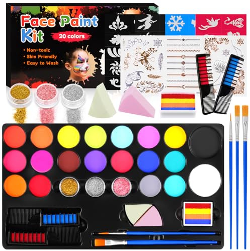 Alaoo Body Painting, 20 Colori Truccabimbi Kit, Oleoso non Tossico | con 3 Pennelli 4 Stencil e 2 adesivi, Face Paint per Halloween Carnevale Natale Party
