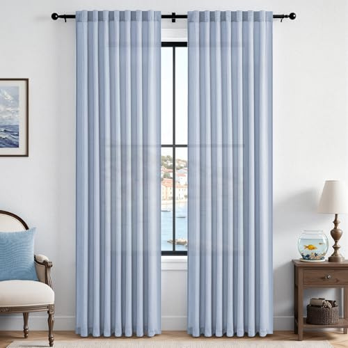 CUTEWIND Vorhang Blau Leinenoptik Halbtransparent 2er Set Gardinen Wohnzimmer Modern H 225 x B 140 cm, Vorhänge Blau Leinen Schlafzimmer Curtains Living Room, mit verdeckten Schlaufen