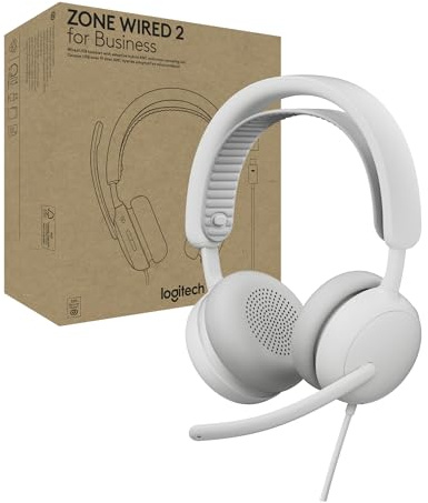 Logitech Zone Wired 2 for Business - Cuffia con microfono | Cancellazione del rumore con ANC ibrida adattiva, certificazione Microsoft Teams, USB-C con adattatore USB-A - Bianco