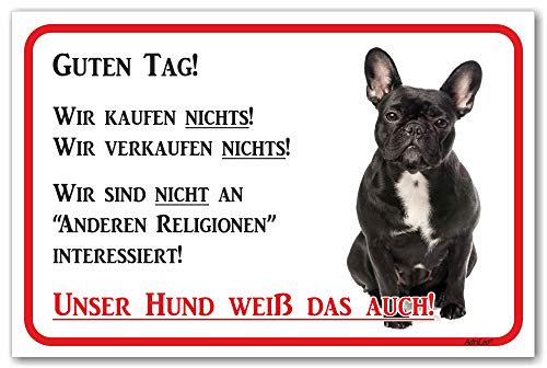 AdriLeo Schild - Vorsicht schwarze französische Bulldogge - Wir kaufen nichts - (15x20cm) / Achtung Hund Wachhund robust langlebig UV-beständig wetterfestes Warnschild