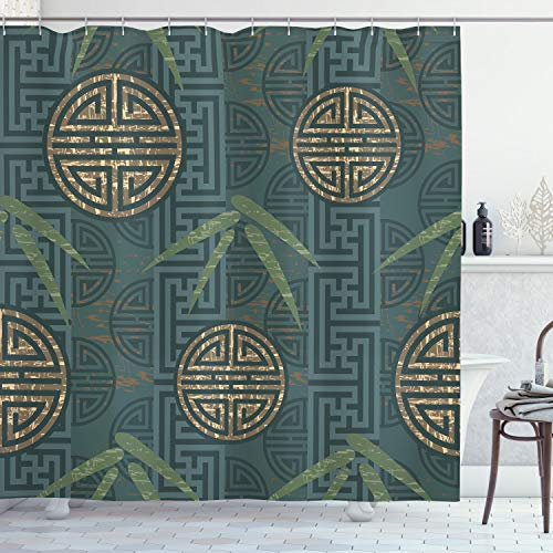 ABAKUHAUS Bambus Duschvorhang, Motive, Stoffliches Gewebe Badezimmerdekorationsset mit Haken, 175 x 180 cm, Teal Ivory Tan