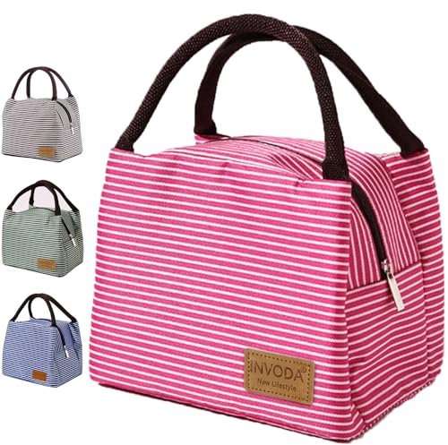 INVODA Lunch Bag Cool Bag for Lunch Box Lunch Organizer Striated Waterproof Fabric Foldable Picnic Handbag for Women, Adults, Students(Pink)