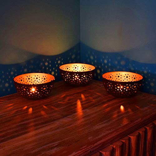 3er Set Orientalisches Windlicht Laterne orientalisch Zlafa 12,5cm Groß | Orientalische Ramadan Teelichthalter Kupferfarben innen schwarz außen | Marokkanische Windlichter aus Metall als Dekoration