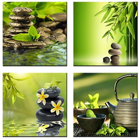 Bambou Vert Zen Pierre Décoration de La Maison Toile Mur Art Peinture Salle De Bains Photo Vert Bambou Zen Pierre Scène Peinture/30x30cmx4 Pcs-Pas de Cadre